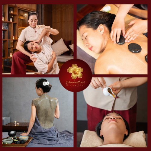 Traditional Thai massage and spa treatments at ChabaPrai Massage & Spa, Chiang Mai Old City, including Thai massage, hot stone therapy, herbal body wrap, and facial treatment