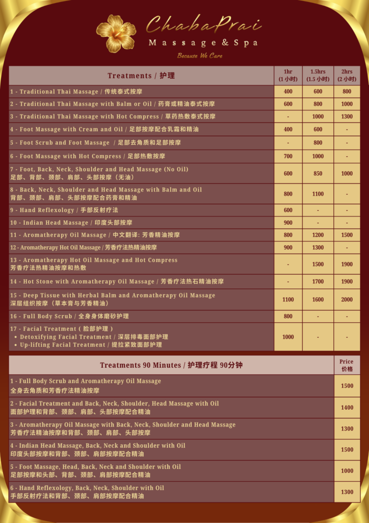 Massage menu and price list at ChabaPrai Massage & Spa in Chiang Mai Old City