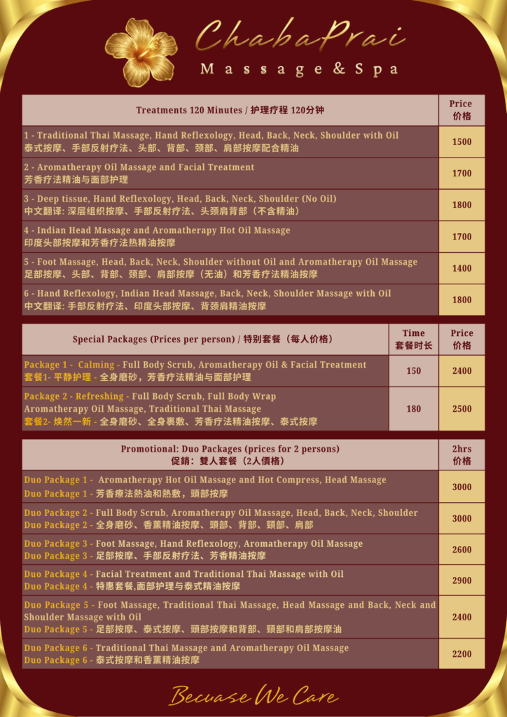 Spa packages and duo massage prices at ChabaPrai Massage & Spa Chiang Mai