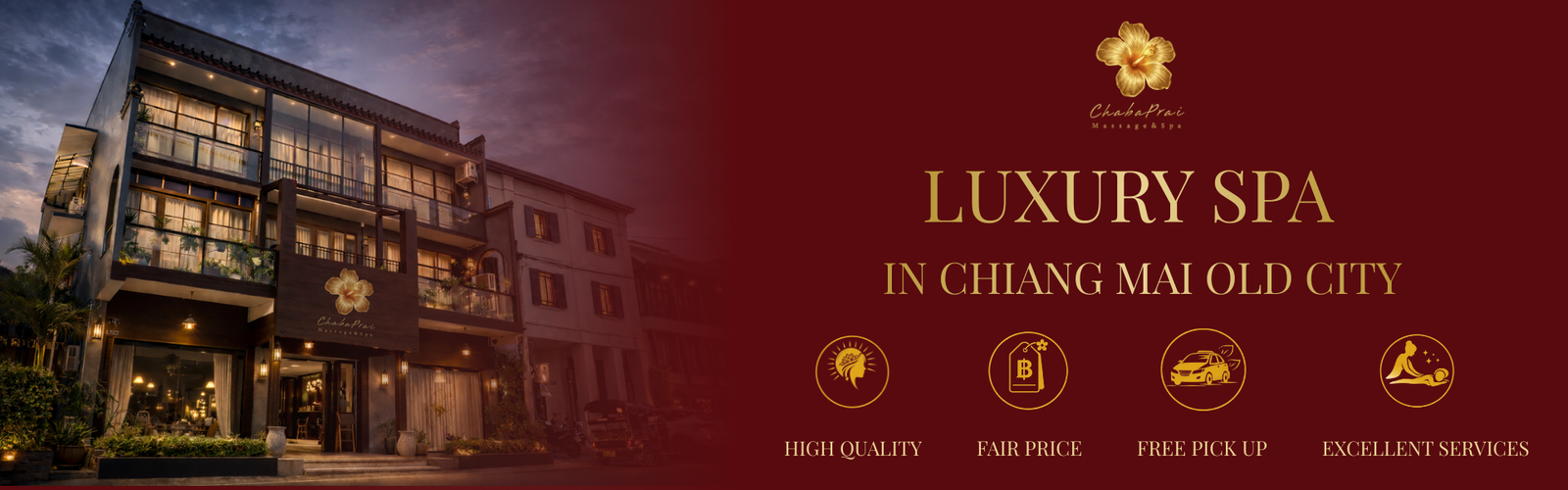 Luxury spa in Chiang Mai Old City with elegant building exterior, warm lighting, and ChabaPrai Massage & Spa branding