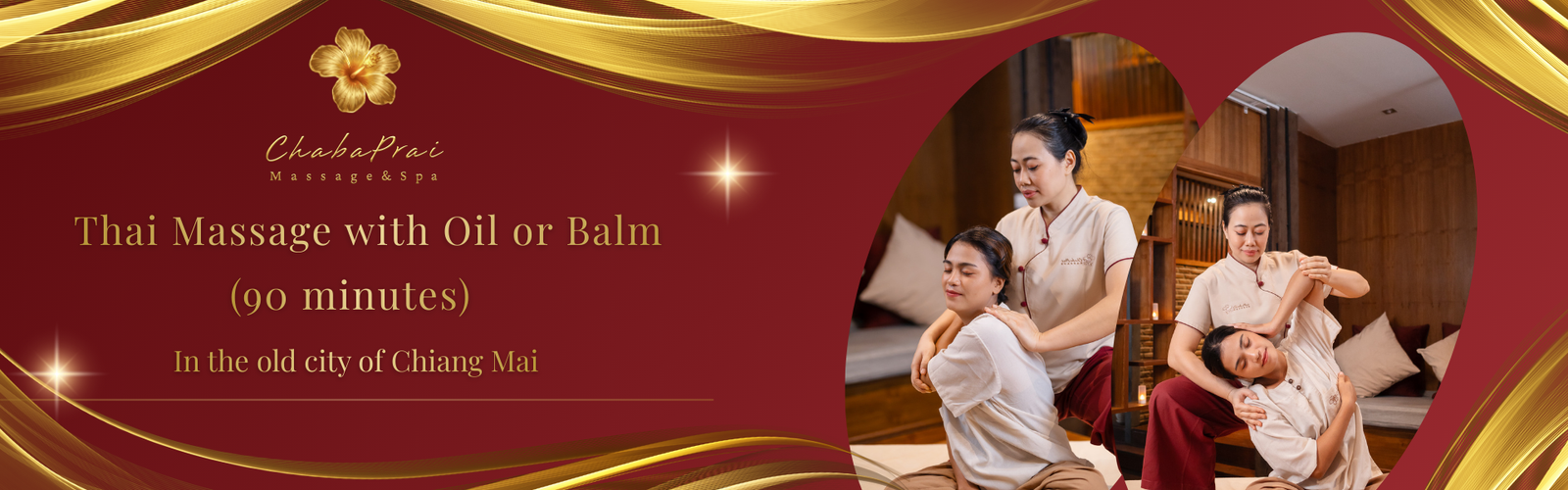 Thai massage with oil or balm at ChabaPrai Massage & Spa in Chiang Mai Old City, featuring professional therapist performing traditional Thai massage in a warm and relaxing atmosphere